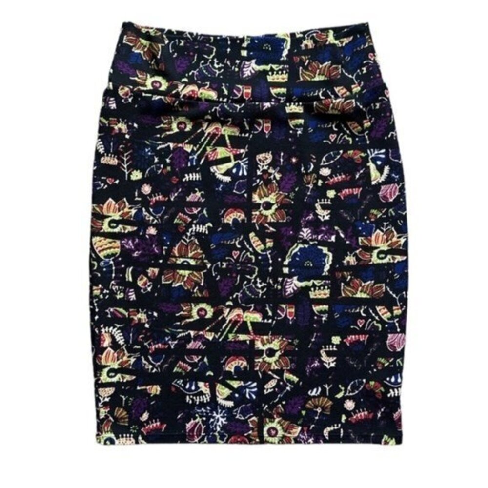Lularoe Black Cassie Pencil Skirt Dragonflies Floral Size Large EUC #5734